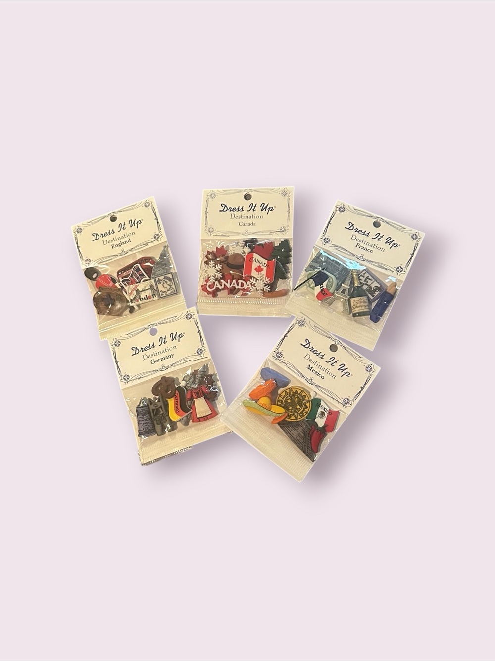 Dress It Up Destination Button Set Of 5- England, Canada, France, Germany Mexico